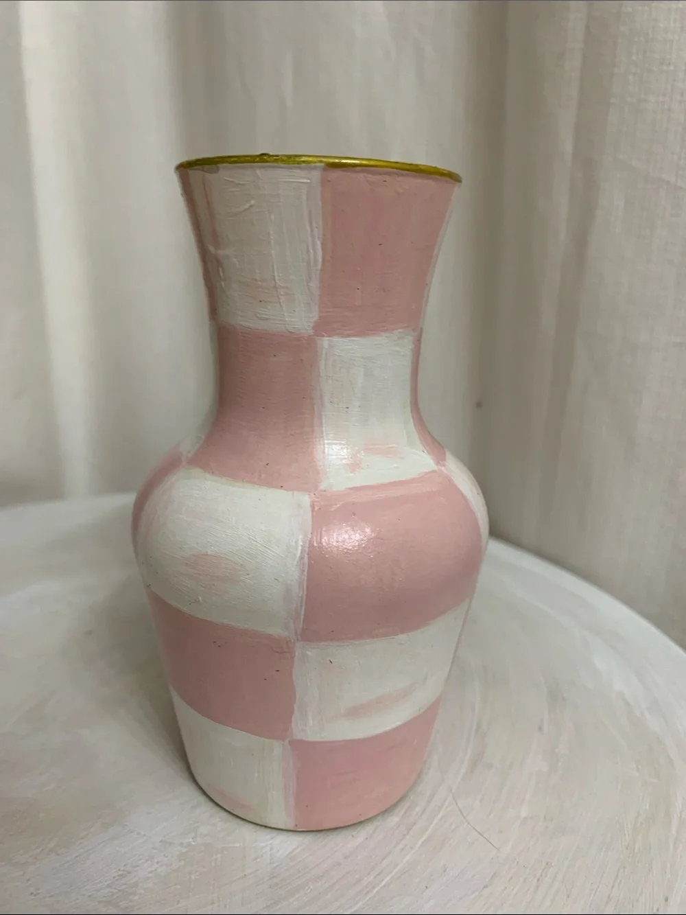 Ceramic Bud Vase Hand Painted Pink and White Rosy Check Design